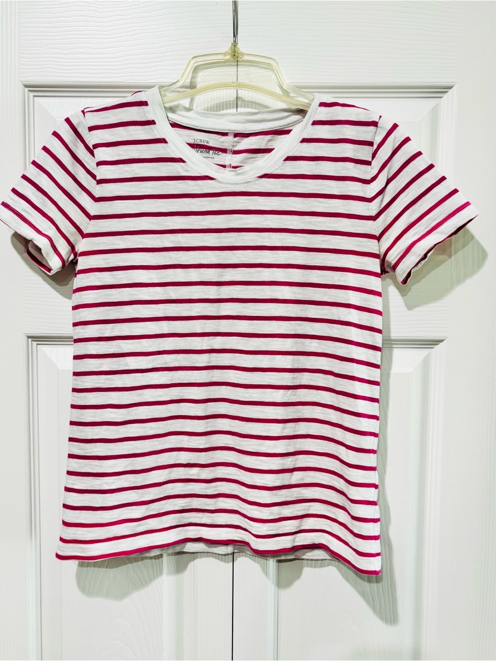 J. Crew White Tee with Raspberry Stripes